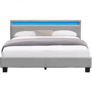 Angel - Solide et Confortable Lit 140x200 avec Sommier + Tête de Lit avec Eclairage led Couleur gris + Pieds en 10 cm pour matelas en - 2 x 13 Lattes