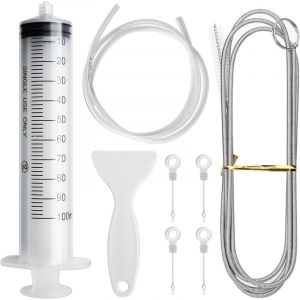 8 Kit d'Outil de Nettoyage de Réfrigérateur, Flexible Brosse de Nettoyage + Tuyau PVC 1.55m + Pelle de Dégivrage + Seringue de 100ml + 4 Bouchons de