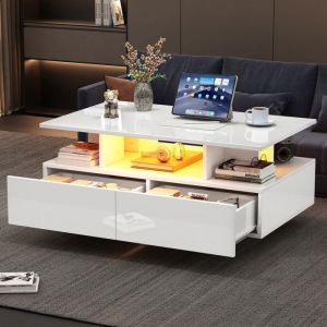 Table Basse - PDZZZD - 90x55cm - &Eacute;clairage LED - 2 Tiroirs - Finition Brillante