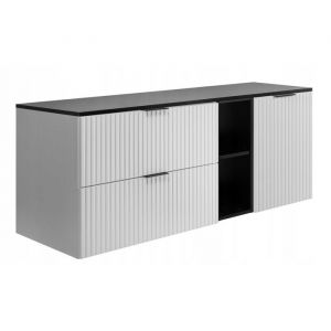 Rodan Armoire de salle de bain 140cm Blanc Mat - Bois L/H/P 140/57/46 cm Portes stri&eacute;es - Plateau noir - Meuble de salle de bain - Armoire de salle