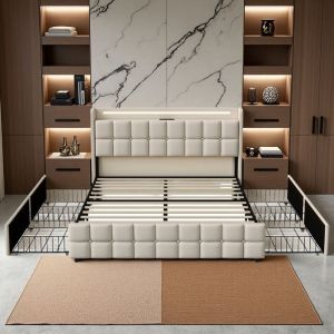 Lit Double 160x200 - Moderne - Rangement avec 4 Tiroirs - &Eacute;clairage LED - Ports USB int&eacute;gr&eacute;s