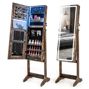 Armoire à bijoux sur pied Coastal avec éclairage LED et miroir sur toute la longueur - Marron / 41 x 38,5 x 151 cm
