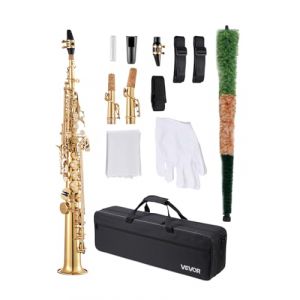 VEVOR Saxophone Droit Soprano Si B&eacute;mol Kit Saxophone D&eacute;butants Laiton R&eacute;sistant avec &Eacute;tui de Transport, Bec, Sangles, Chiffon et Tige de Nettoyage, Gants, 23 Touches, pour D&eacute;butants, &Eacute;tudiants, Dor&eacute;