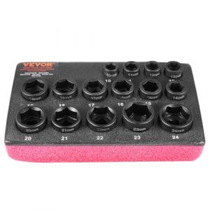 VEVOR Kit Douilles à Chocs Ultra-courtes 3/8", Métrique 10-24 mm, Kit pour Clé à Cliquet 15PCs, en Acier Allié Cr-Mo, 6 Pans, Marquages de Taille Faciles à Lire, pour la Réparation Automobile