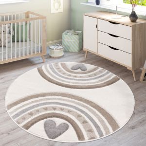 Paco Home - Tapis Enfant Tapis Chambre Enfant Fille Garcon Arc-en-ciel Coeur 3D Beige 120 cm rond