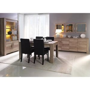 Meublorama - Salle à manger farra : buffet, vitrine, 3 miroirs et table 180cm avec led