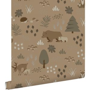 Estahome - papier peint forêt avec des animaux de la forêt marron beige
