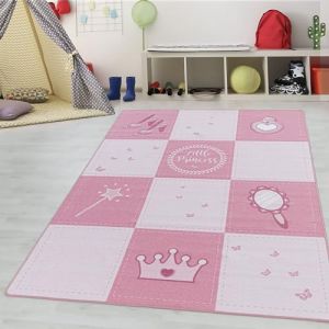 Teppium Tapis enfant motif &agrave; carreaux de petite princesse coloris rose 80x120 cm tapis chambre enfant tapis chambre b&eacute;b&eacute;