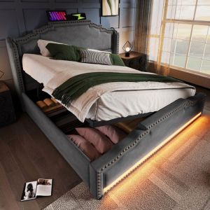 Lit coffre double 140x200 - Hydraulique - Éclairage LED - USB-C - Velours gris