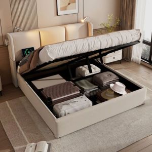 Lit Coffre Double 160x200 - Rangement - Lampe de lecture - Chargement USB