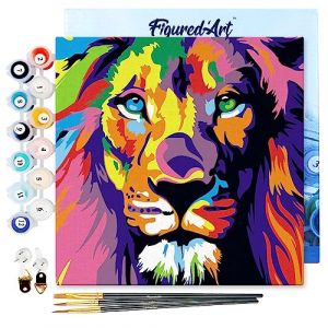Figured'Art Mini Peinture par Numéro Adulte 20x20cm avec cadre Lion Pop Art - Petit Format Kit de Loisir Créatif DIY Numéro d'Art Complet