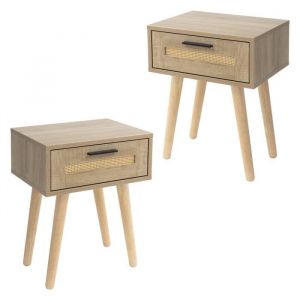 ML-Design Lot de 2 Tables de Chevet avec 1 Tiroir, 40x50,5x30 cm, Aspect Chêne, Table de Nuit Rustique avec Façade en Rotin et Pieds en Bois, Table