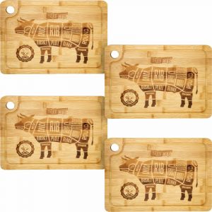 Set de 4 Planches à Steak en Bambou - Bois Massif - 33x23cm avec Rigole pour Jus - braun