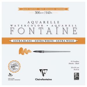Clairefontaine 976025C Bloc Encollé 4 Côtés Fontaine Extra Blanc - 15 Feuilles Papier Aquarelle Extra Blanc 100% Coton Grain Satiné - Qualité Professionnelle 20x20cm 300g