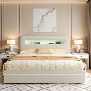 Lit Coffre Double 160x200 - T&ecirc;te de Lit Velours Beige - Rangement Hydraulique - LED RGB - Design Moderne