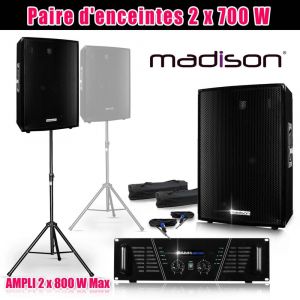 Madison Pack SONO 2 enceintes 2x700W AMP-1000 Pieds+cables