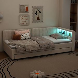 Lit gigogne 90x200cm multifonction avec USB Type C &eacute;clairage LED tissu lin MDF Beige (Sans matelas)