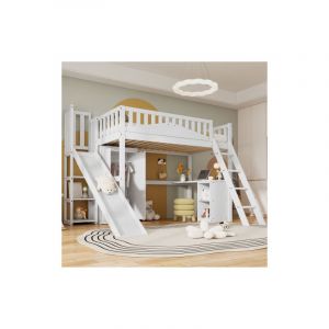 Wishdor - Lit mezzanine 90x200 cm, lit enfant avec porte de s&eacute;curit&eacute;, toboggan, escalier, armoire, &eacute;tag&egrave;re de rangement, blanc