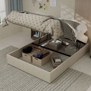 Lit 140&times;200 cm, lit coffre adulte, hydraulique, sommier &agrave; lattes, velours, sans t&ecirc;te de lit et matelas, Beige