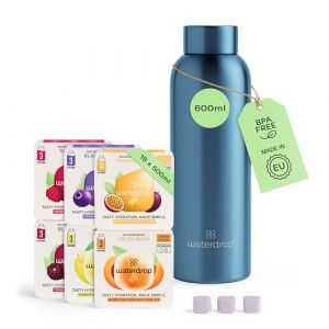 Waterdrop Starter Set Steel – 600ml Thermoflasche + 18 Würfel – Vitamine, vegan, zuckerfrei