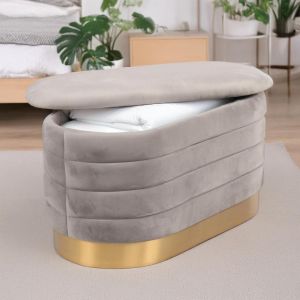 Cotecosy Banquette-coffre moderne matelassée avec base dorée Philae Velours Gris clair