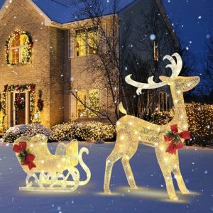 Renne Traîneau led, Decoration Noel Exterieur Lumineuse, Rubans Rouges, Attaches de Câble et Piquets de Sol, pour Interieur et Exterieur Arbre,