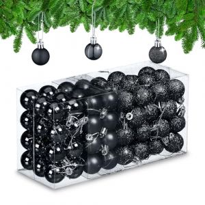 Relaxdays Lot de 96 Boules de Noël Scintillantes avec Paillettes et Mats, Ornements en Plastique, Noir, 12 x 23,5 x 9 cm
