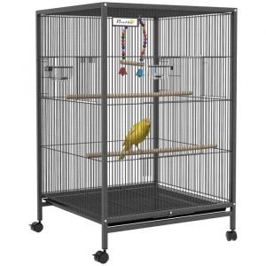 Pawhut Cage oiseau sur pied - sur roulettes - avec balançoire perchoirs portes bols et plateau coulissant - 48x46x74cm - noir