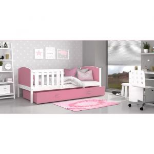 Lit Enfant Tomy 90x190 Blanc - rose Livr&eacute; avec sommiers, tiroir et matelas en mousse de 7cm - Blanc - rose