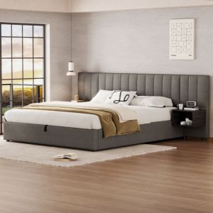 Lit coffre 180x200cm en tissu lin - avec 2 tables de chavet et sommier à lattes - Gris