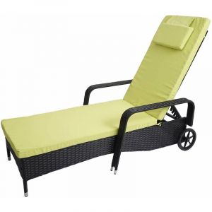 Décoshop26 Chaise longue relaxation transat de jardin bain de soleil poly rotin anthracite housse vert clair 040004242