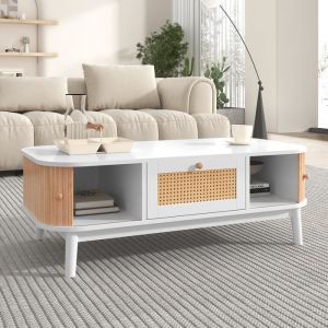 Table basse en rotin et bois massif - SWEIKO - Rectangulaire - Blanc - Rustique