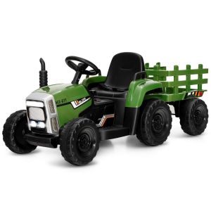 Coast 12V Tracteur pour enfants avec remorque Vert - 135 x 51 x 53 cm - T&eacute;l&eacute;commande - LED - Musique - Bluetooth