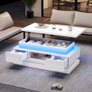 Table basse relevable 100x50x40 cm - Avec 2 tiroirs - &eacute;clairage LED - Finition laqu&eacute;e brillante - Panneaux de particules - Blanc