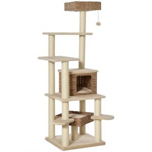 Pawhut Arbre à chat en rotin à plusieurs niveaux pour chats beige + marron D30-377