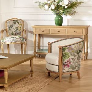 Fauteuil tonneau en chêne, lin premium et tissu fleuri