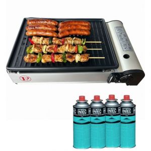 Intec Barbecue à gaz Grill 1900W + 4 cartouches de gaz Butane Allumage Piezo + Récupérateur de graisse Camping COOK160