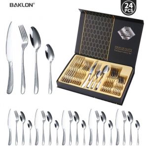 Ensemble De Couverts Ménagère 24 Pièces En Acier Inoxydable Pour 6 Personnes,Va Au Lave-Vaisselle,Avec Boîte-Cadeau