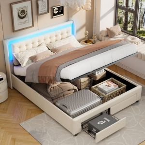 Fortuna Lai - Lit coffre 180x200cm avec 2 tiroirs - lit double avec sommier à lattes et tête de lit led - moderne et classique - velours beige