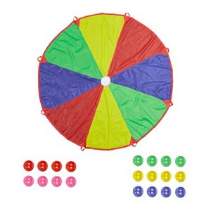 Relaxdays Jeu pour Enfants, Parachute, 20 balles, 8 poignées, Design Arc-en-Ciel, diamètre 3,5 m, extérieur, Multicolore
