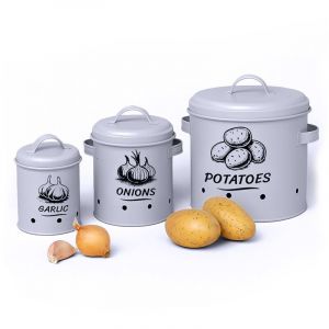 Image de Relaxdays Boîte de conservation pour pommes de terre, oignons et ail, 3 pièces, avec couvercle et aérations, métal, gris