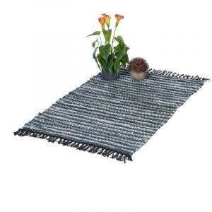 Image de Relaxdays Tapis à franges, 60x100 cm, coton et cuir, tissé main, antidérapant, natte, chambre, couloir, gris