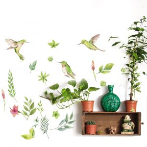 Plage Sticker décoratif, oiseaux colibris entourés de feuilles et fleurs façon aquarelle, 68 cm X 48 cm