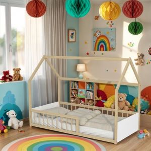 Image de Weber Industries Lit cabane blanc et bois clair 90x190cm
