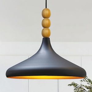 Bamyum Holz Champion Suspension Industrielle Plafonnier, 35 cm Abat-Jour Plafonnier, Suspension Industrielle, E27 Lumières Pour Salon & Salle À Manger, Luminaire Suspendu Noir