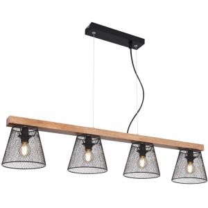 Globo Suspension horizontale 4 ampoules en m&eacute;tal noir et bois - LxWxH:850x150x1500, excl. 4xE14 40W 230V