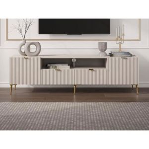 Meuble tv avec 2 portes, 2 tiroirs et 2 niches en mdf et acier - Beige et Doré - yesinia