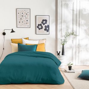 Parure de lit unie en coton finition bourdon Set de Housse de couette 260x240cm +2 Taies d'oreiller 63x63 cm avec Fermeture Boutons