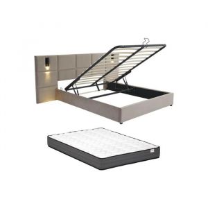 Lit coffre 160 x 200 cm avec tête de lit et lampe intégrée - Velours - Taupe + Matelas - SARETO