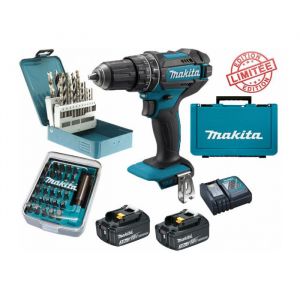 Makita Perceuse visseuse &agrave; percussion 18V 62Nm DHP482 + 2 batt 3 Ah + 30 embouts de vissage + 18 forets D-46202 Edition Limit&eacute;e